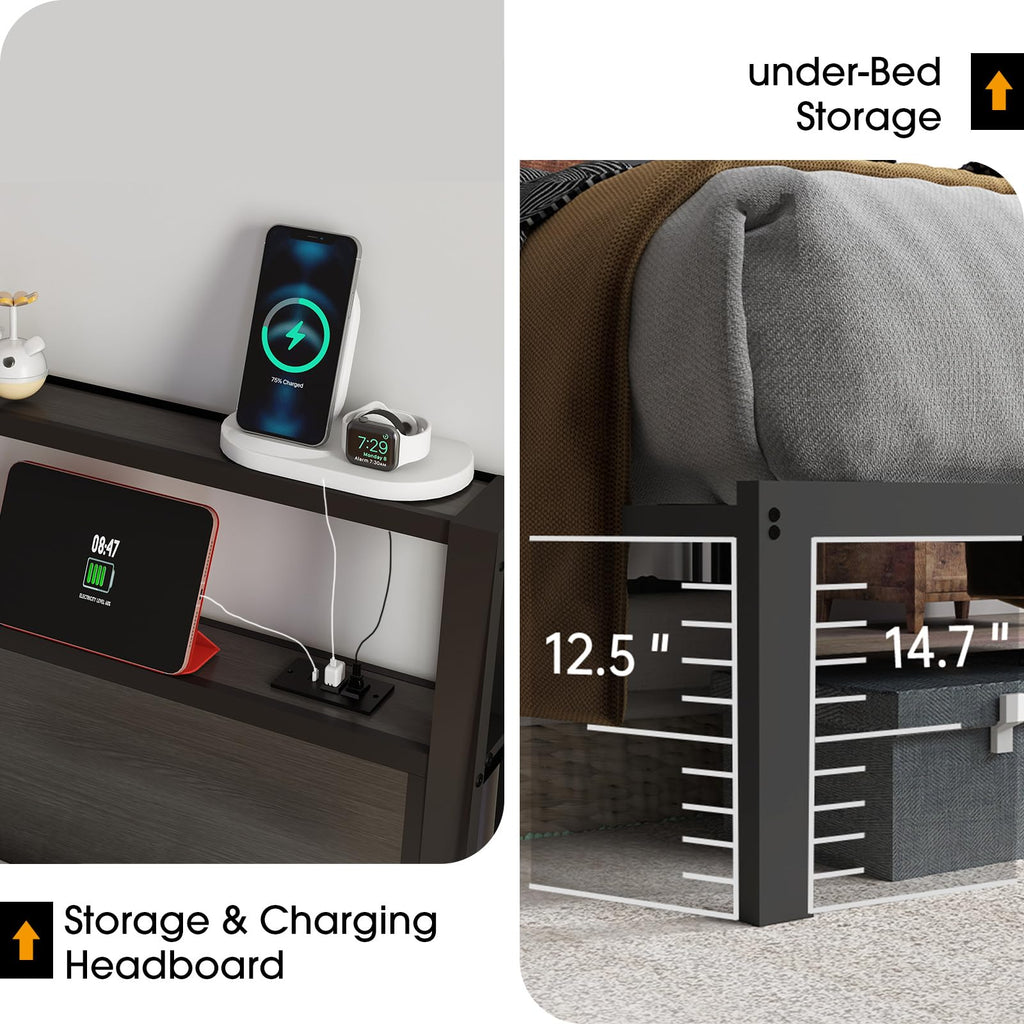 Metal Platform Bed Frame with LED Lights & Charging Station, Under Bed Storage, No Box Spring Needed, Noise Free, Dark Grey