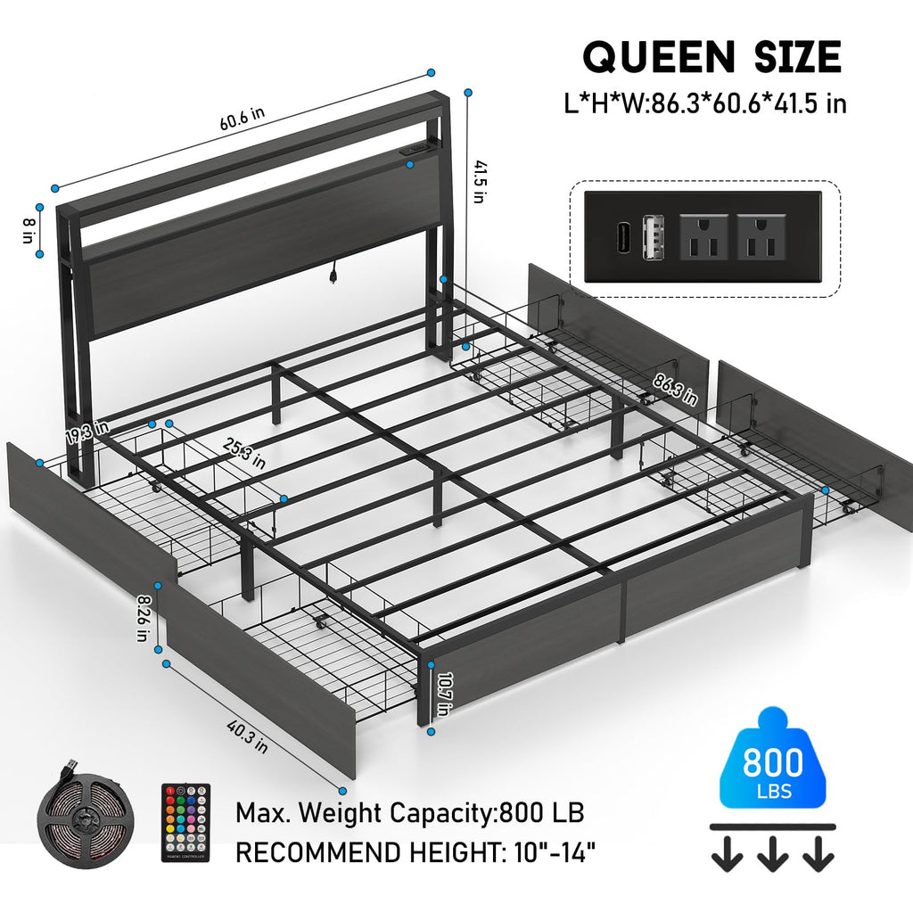 Full Size Lift Up Storage Bed Frame with Charging Station