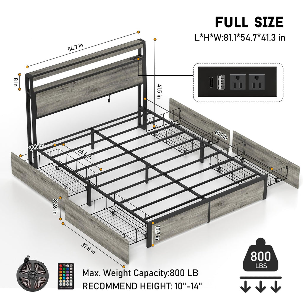 Full Size Lift Up Storage Bed Frame with Charging Station