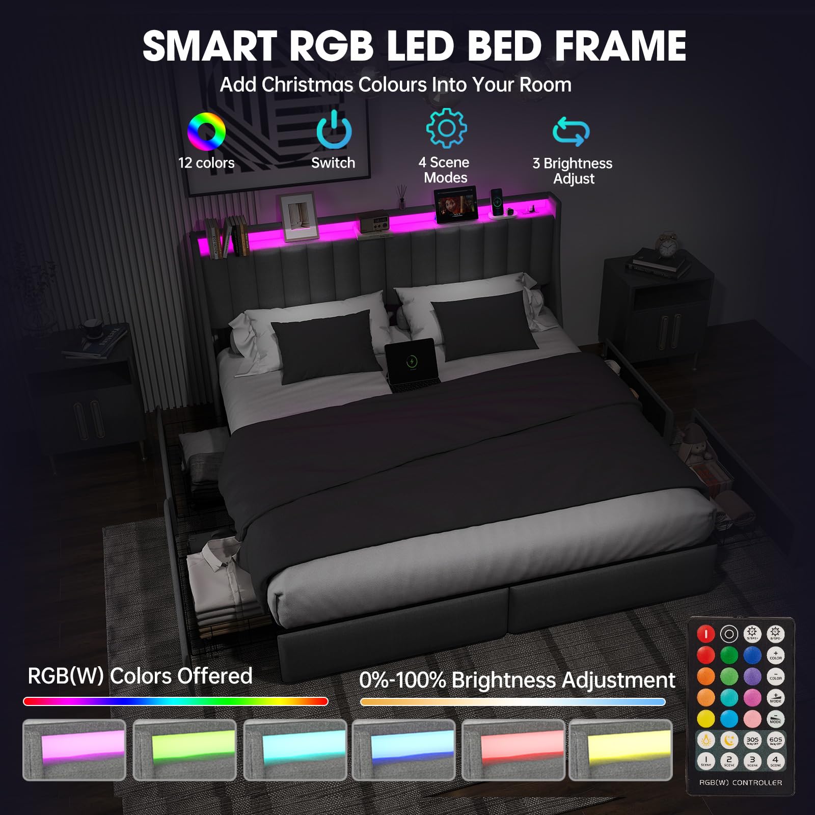 Queen Bed Frame with Headboard and 2 Storage Drawers