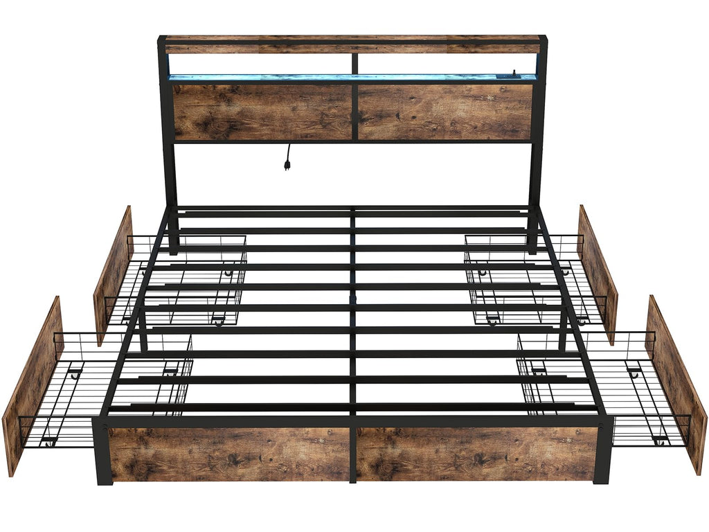 Metal Platform King Bed Frame Wood with 4 Drawers, LED Light, Charging Station, No Box Spring Needed, Noise Free, Easy Assembly, Grey