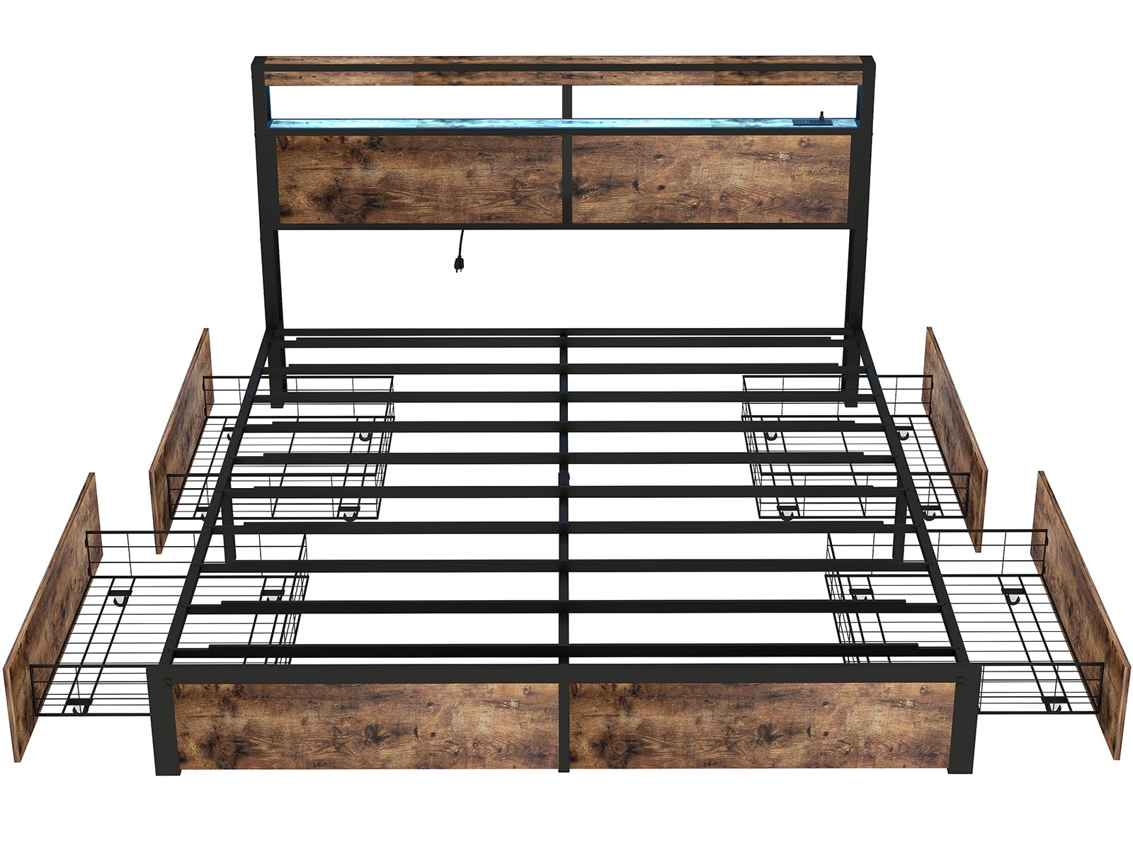 Metal Platform King Bed Frame Wood with 4 Drawers, LED Light, Charging Station, No Box Spring Needed, Noise Free, Easy Assembly, Grey