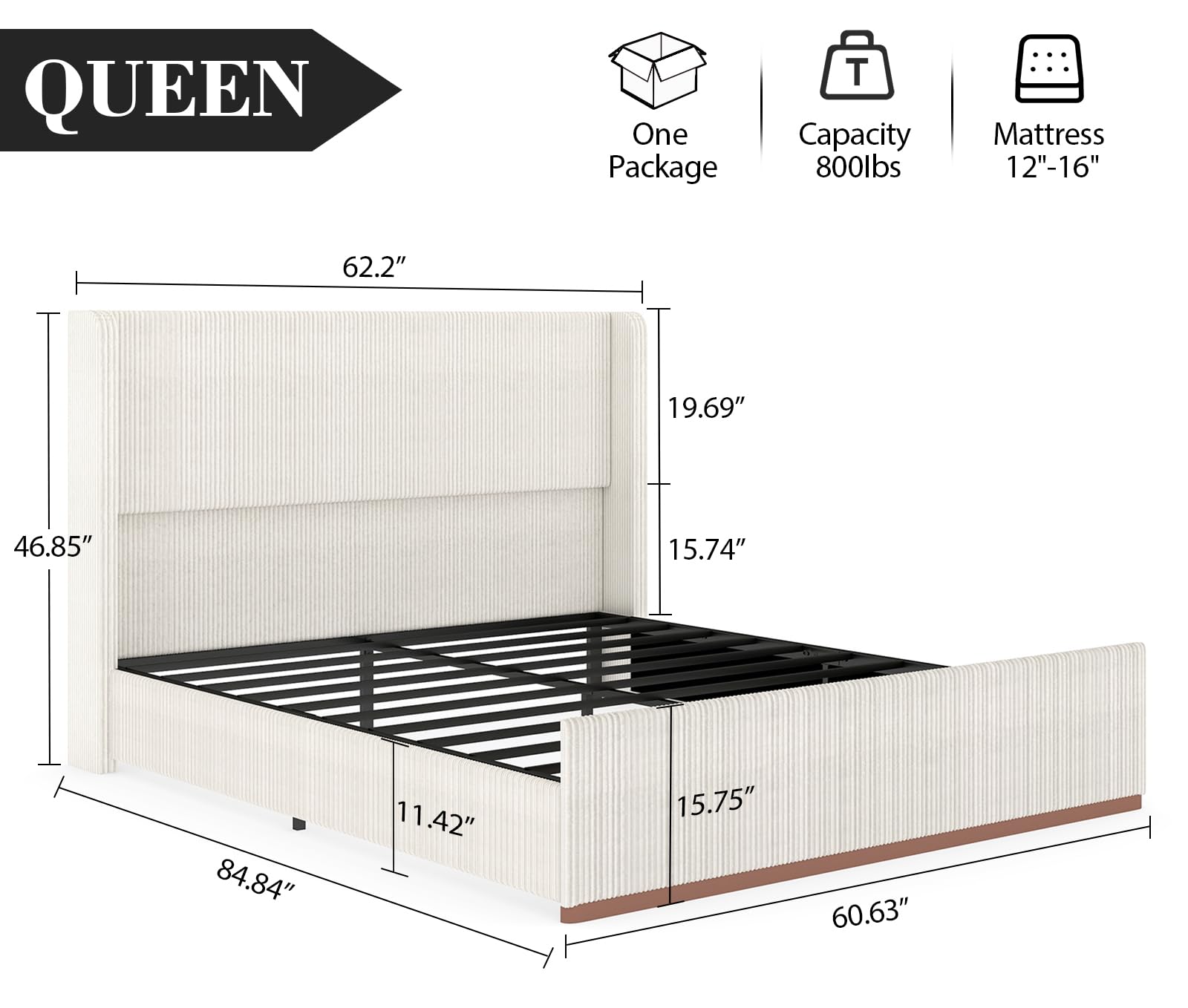 Queen Size Upholstered Platform Bed Frame, Soft Corduroy Bed Frame Queen with 47" Headboard, Solid Steel Slats, No Box Spring Needed, Noise Free, Easy Assembly, Cream