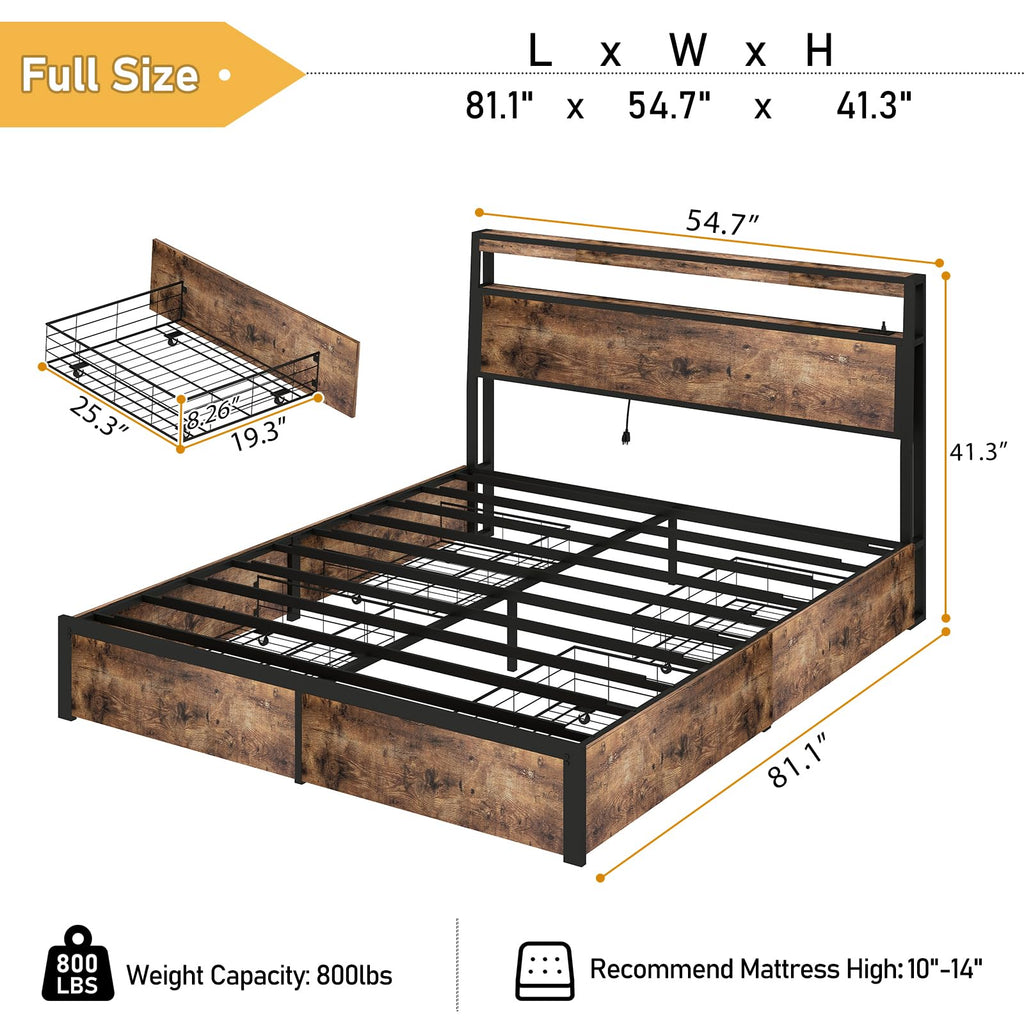 Metal Platform King Bed Frame Wood with 4 Drawers, LED Light, Charging Station, No Box Spring Needed, Noise Free, Easy Assembly, Grey
