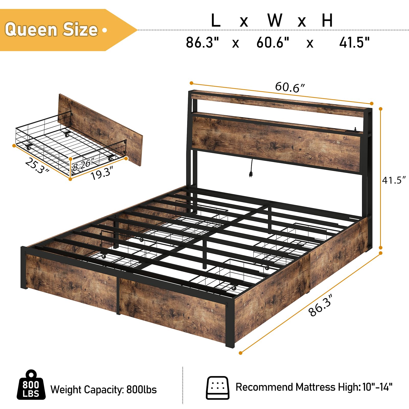 Metal Platform King Bed Frame Wood with 4 Drawers, LED Light, Charging Station, No Box Spring Needed, Noise Free, Easy Assembly, Grey