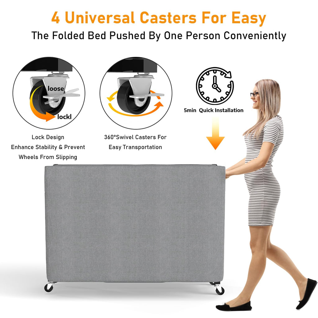 Folding Bed with Mattress for Adults, Portable Foldable Roll Away Bed on Wheels