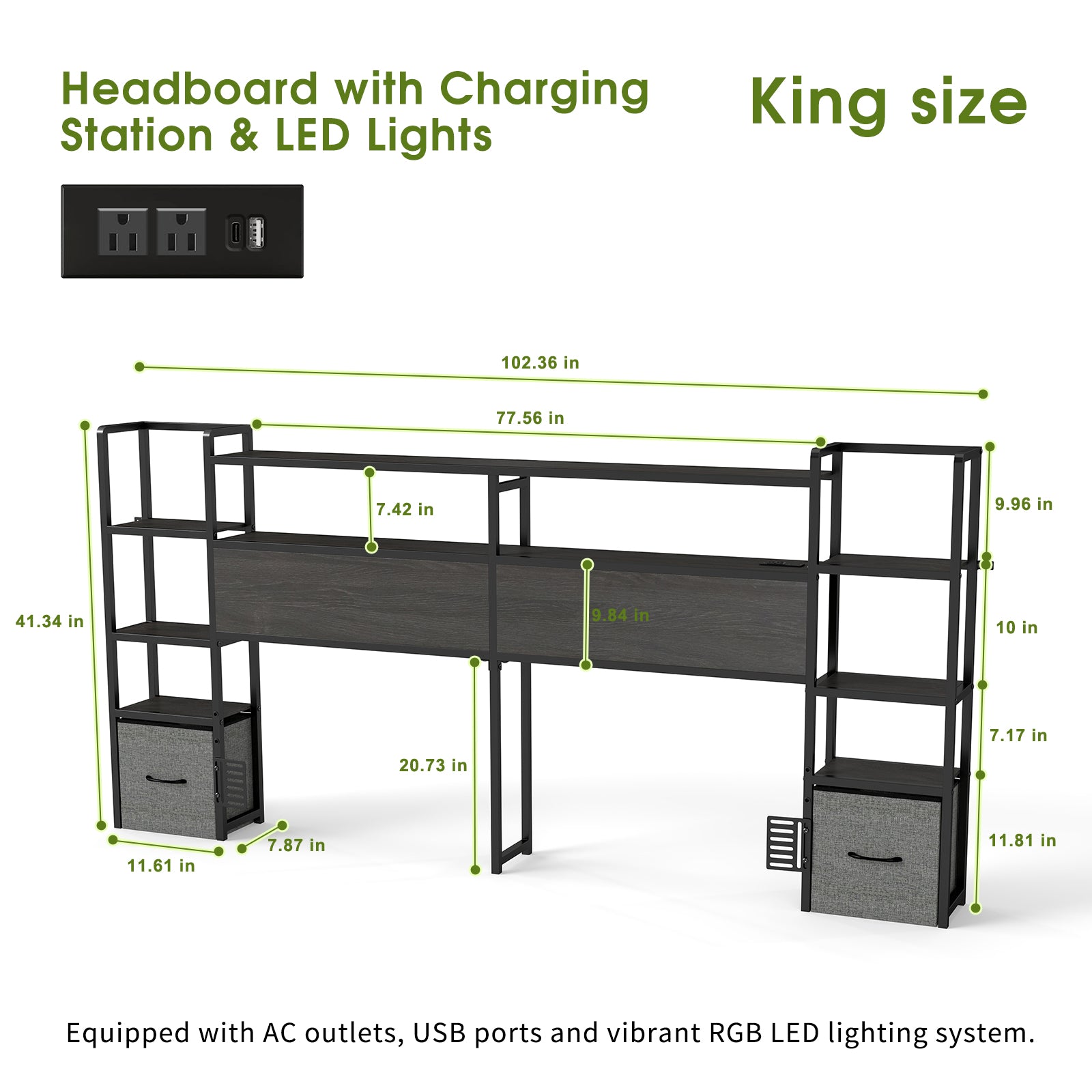 Rustic Grey Headboard with RGB LED, Charging Station,3 Tier Storage Shelves  & 2 Drawers – Fits Full/Queen/King