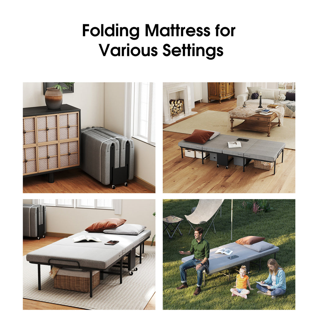 Folding Bed with Mattress, 4-Fold Metal Frame with Locking Wheels – Space Saving for Adults & College Students