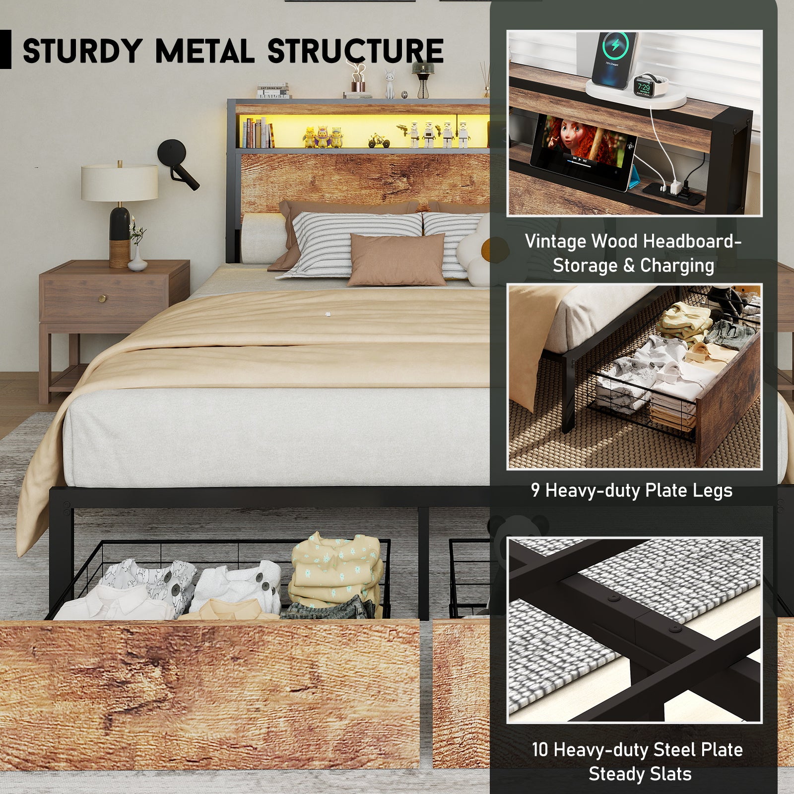Retro Brown Storage Bed Frame with RGB LED & USB Charging – Full / Queen