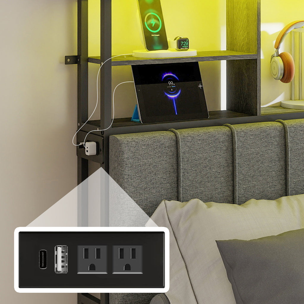 Upholstered Headboard with RGB LED & 5 Storage Cubes – USB / Type-C / Outlets – Twin to King