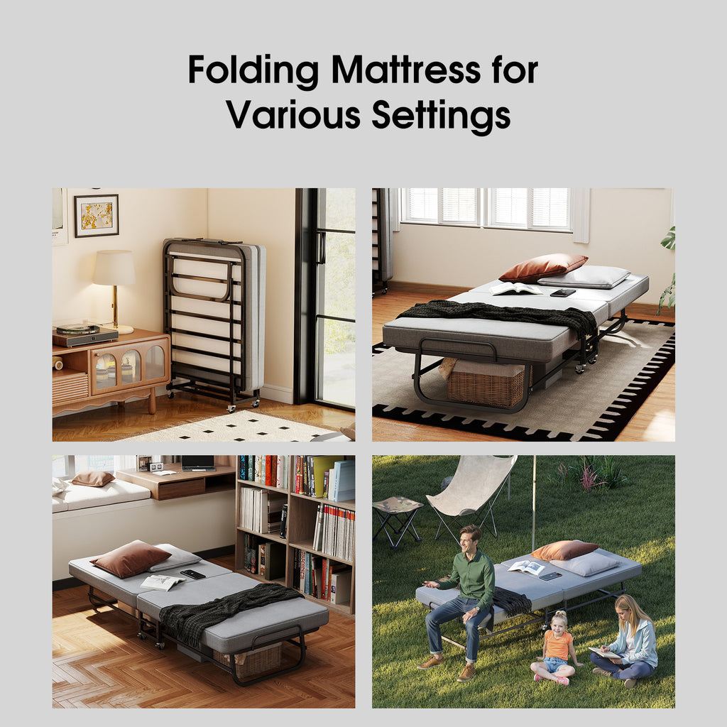 Foldable Guest Bed with Mattress – Rolling Folding Bed Frame with Locking Wheels – Guest & Roll Away Bed