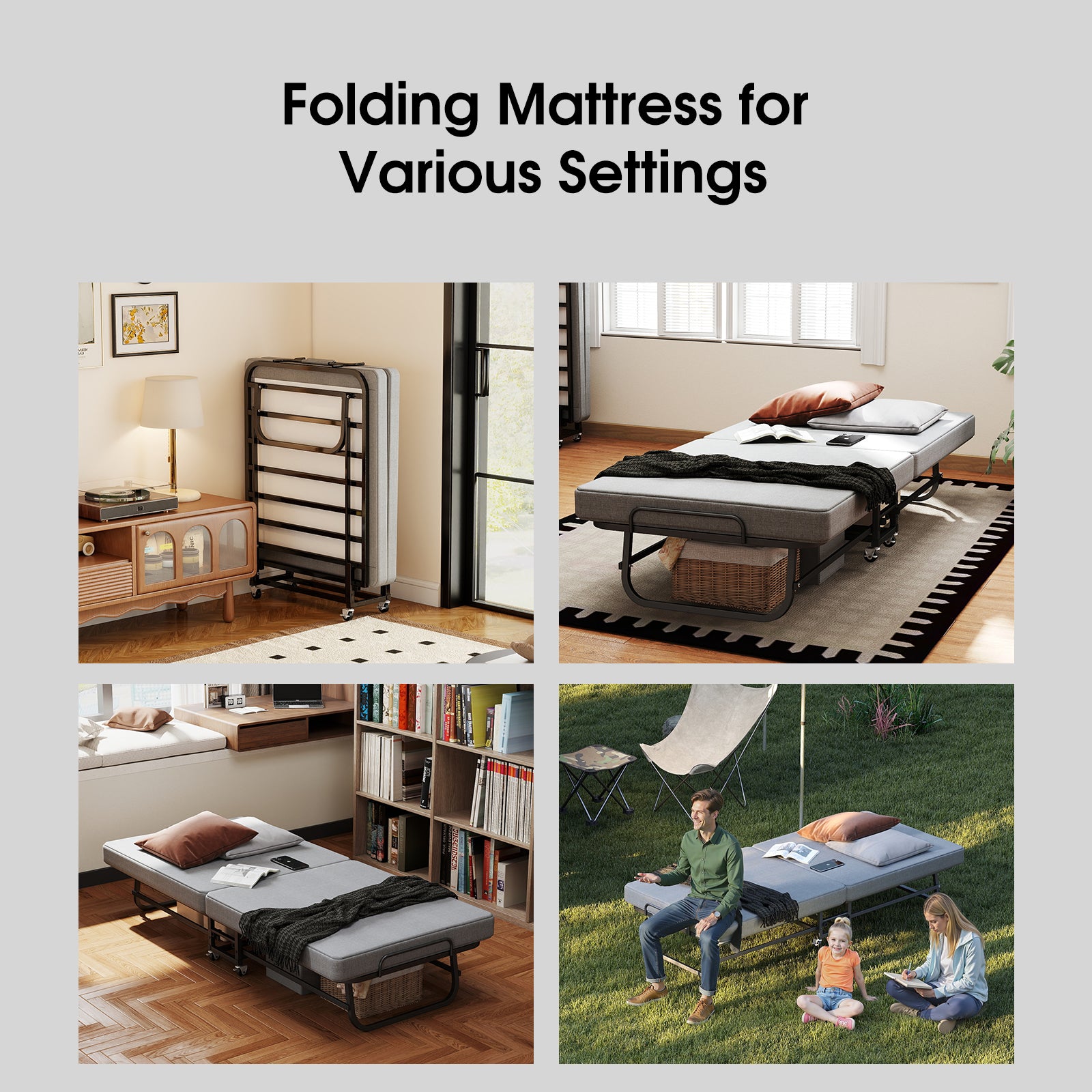 Foldable Guest Bed with Mattress – Rolling Folding Bed Frame with Locking Wheels – Guest & Roll Away Bed