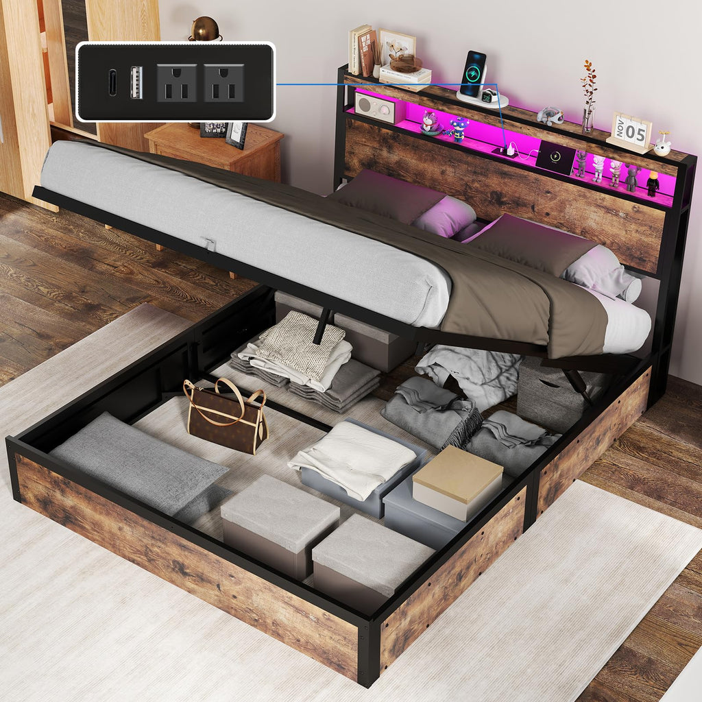 Full Size Lift Up Storage Bed Frame with Charging Station