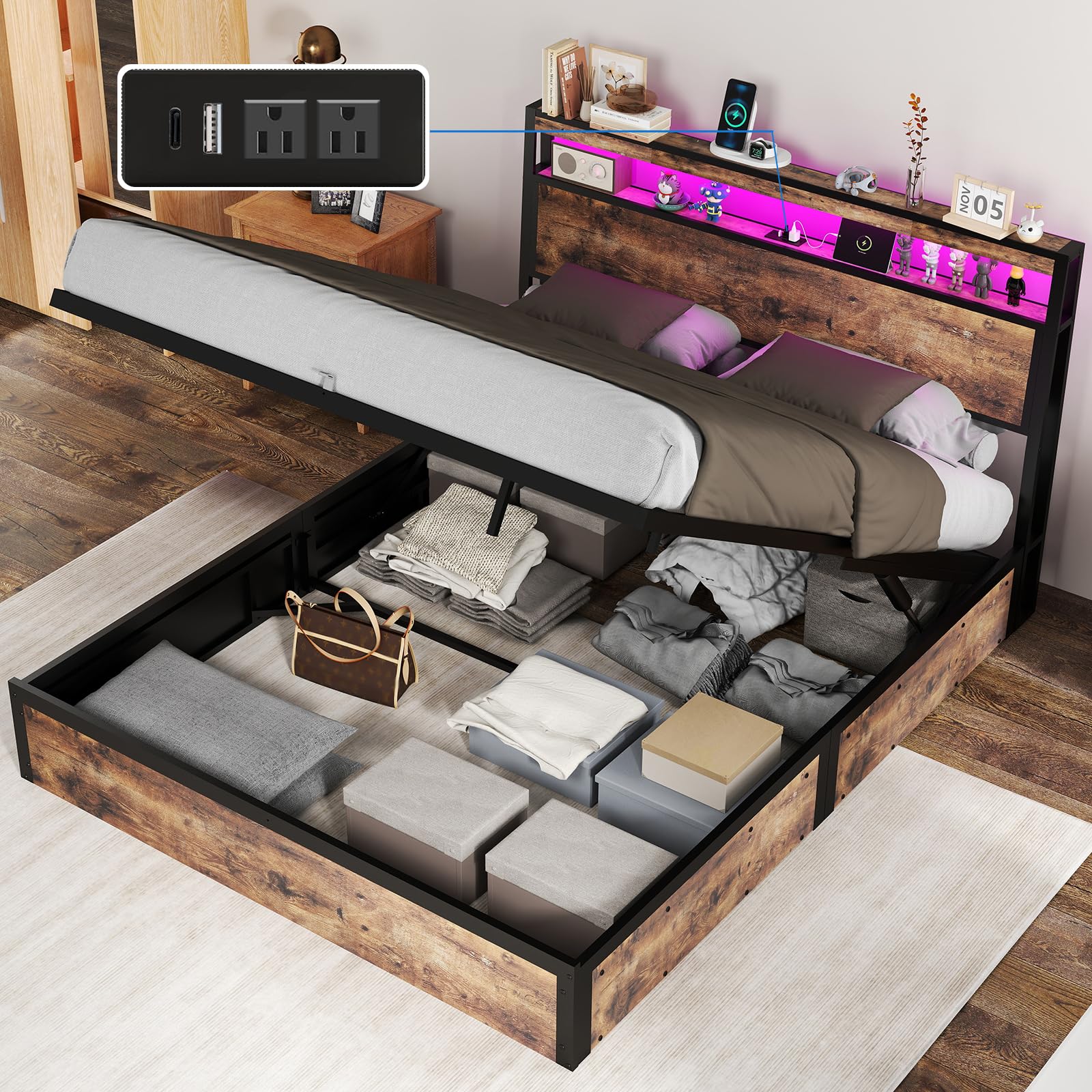Full Size Lift Up Storage Bed Frame with Charging Station