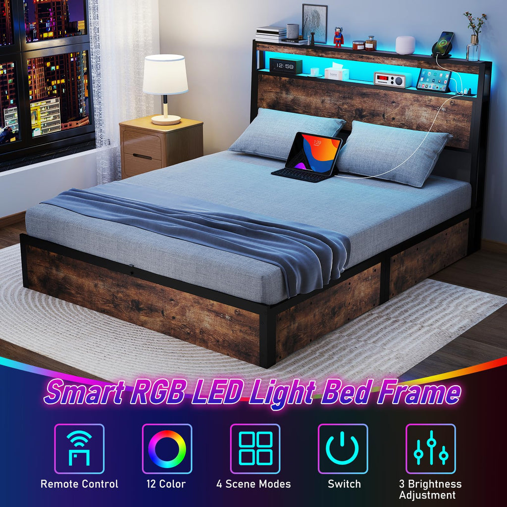 Metal Platform King Bed Frame Wood with 4 Drawers, LED Light, Charging Station, No Box Spring Needed, Noise Free, Easy Assembly, Grey