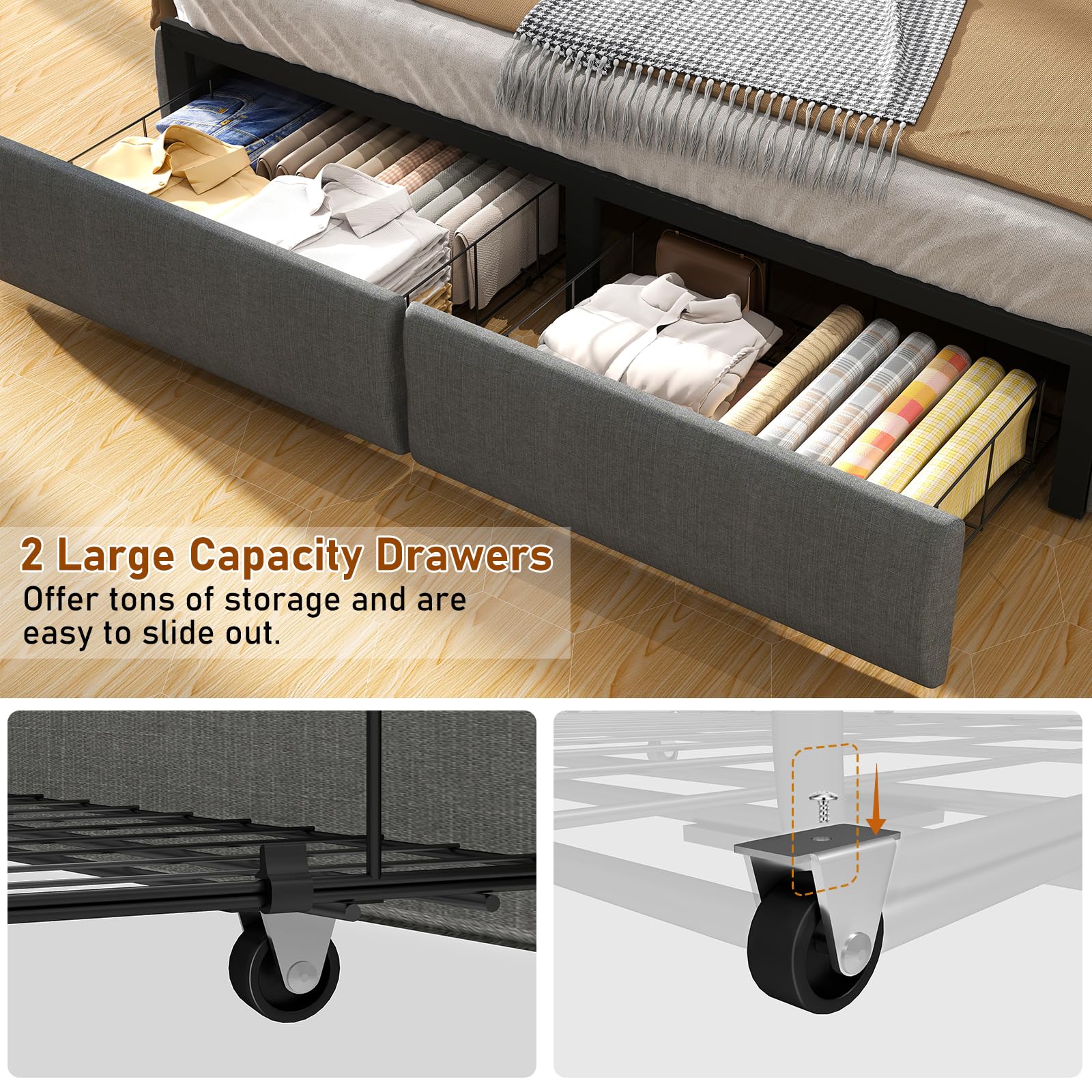 Queen Bed Frame with Storage Headboard and Drawers, Bed Frame Platform with LED Light, Charging Station, No Box Spring Needed, Noise Free, Easy Assembly, Grey