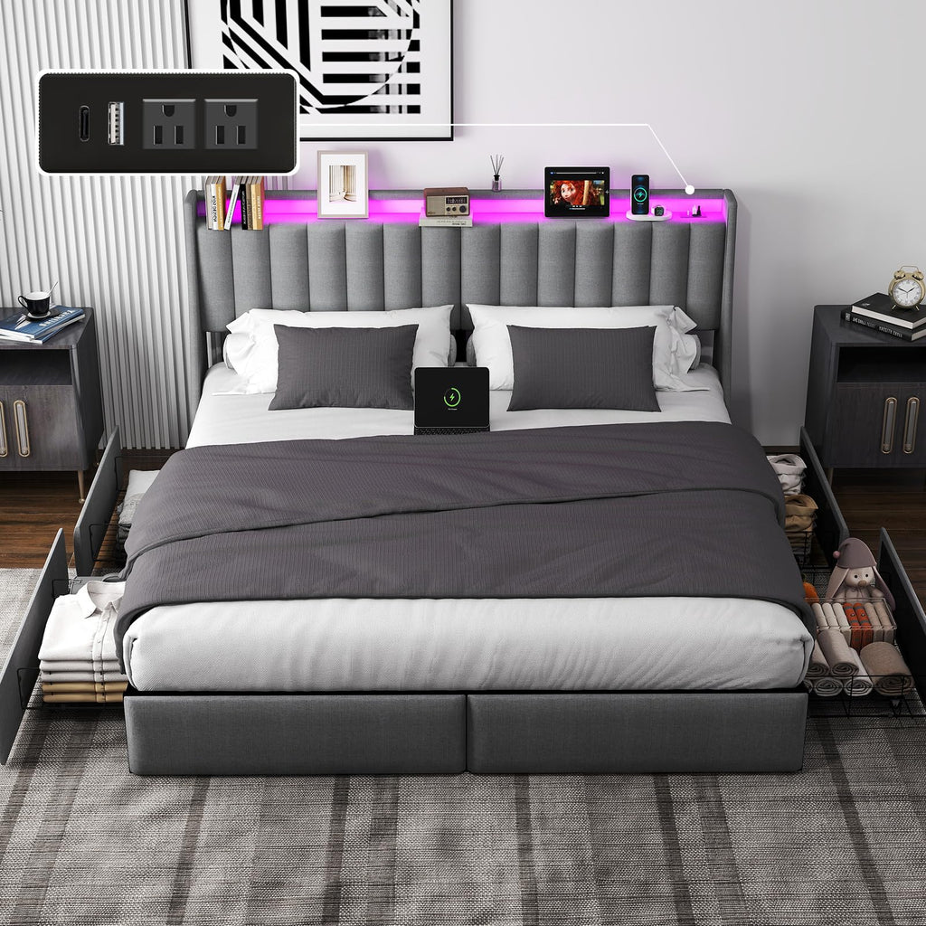 Queen Bed Frame with Headboard and 2 Storage Drawers