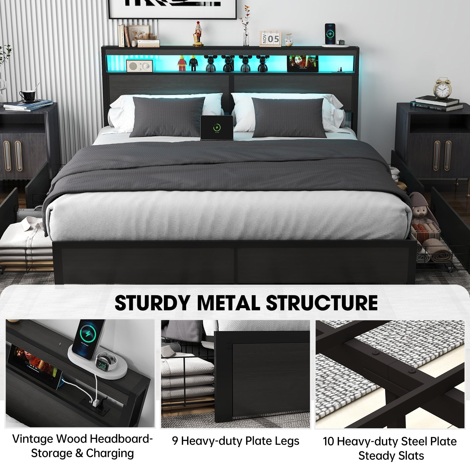 Full Size Lift Up Storage Bed Frame with Charging Station