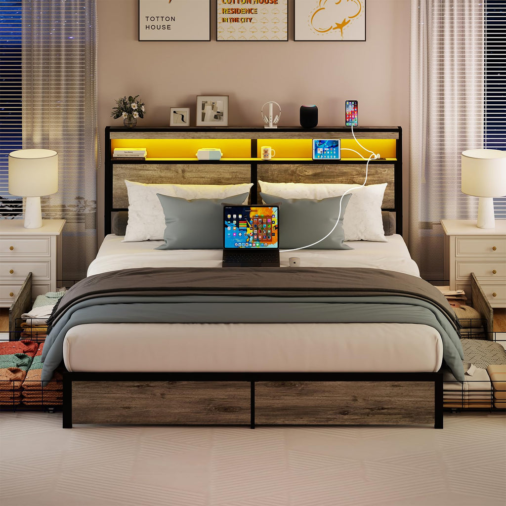 Metal Platform King Bed Frame Wood with 4 Drawers, LED Light, Charging Station, No Box Spring Needed, Noise Free, Easy Assembly, Grey