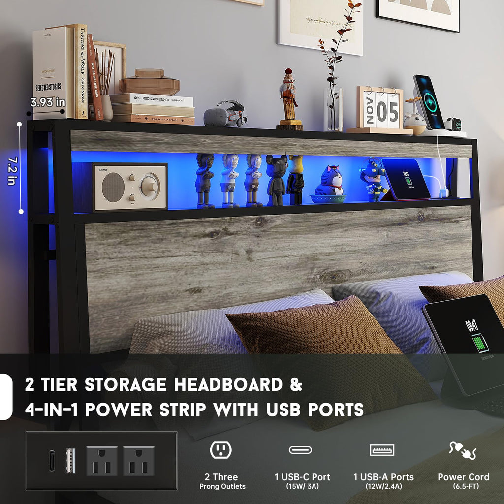 Full Size Lift Up Storage Bed Frame with Charging Station