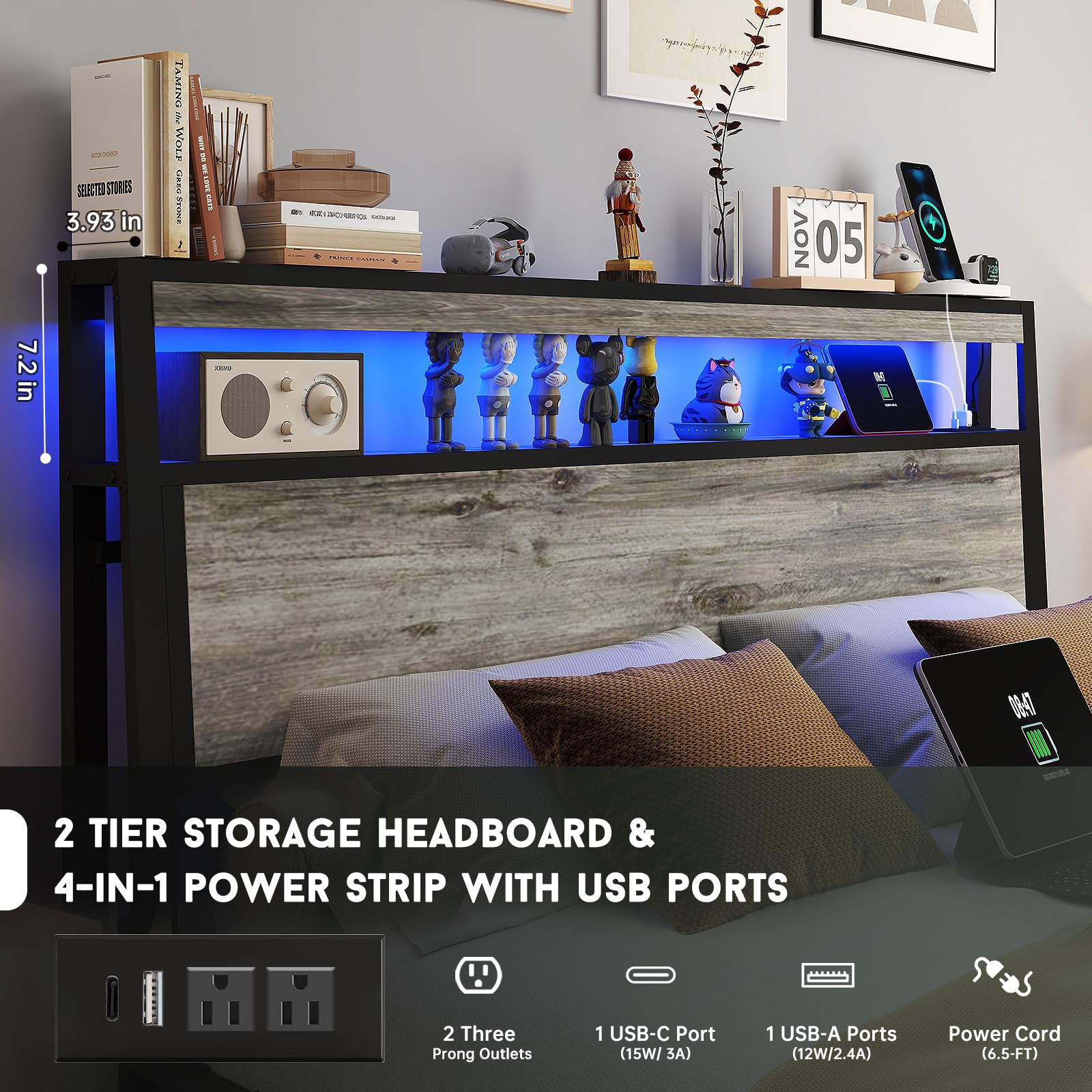 Full Size Lift Up Storage Bed Frame with Charging Station