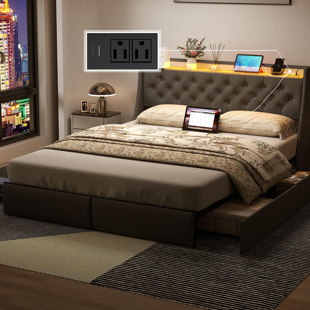 Queen Bed Frame with Headboard and 2 Storage Drawers