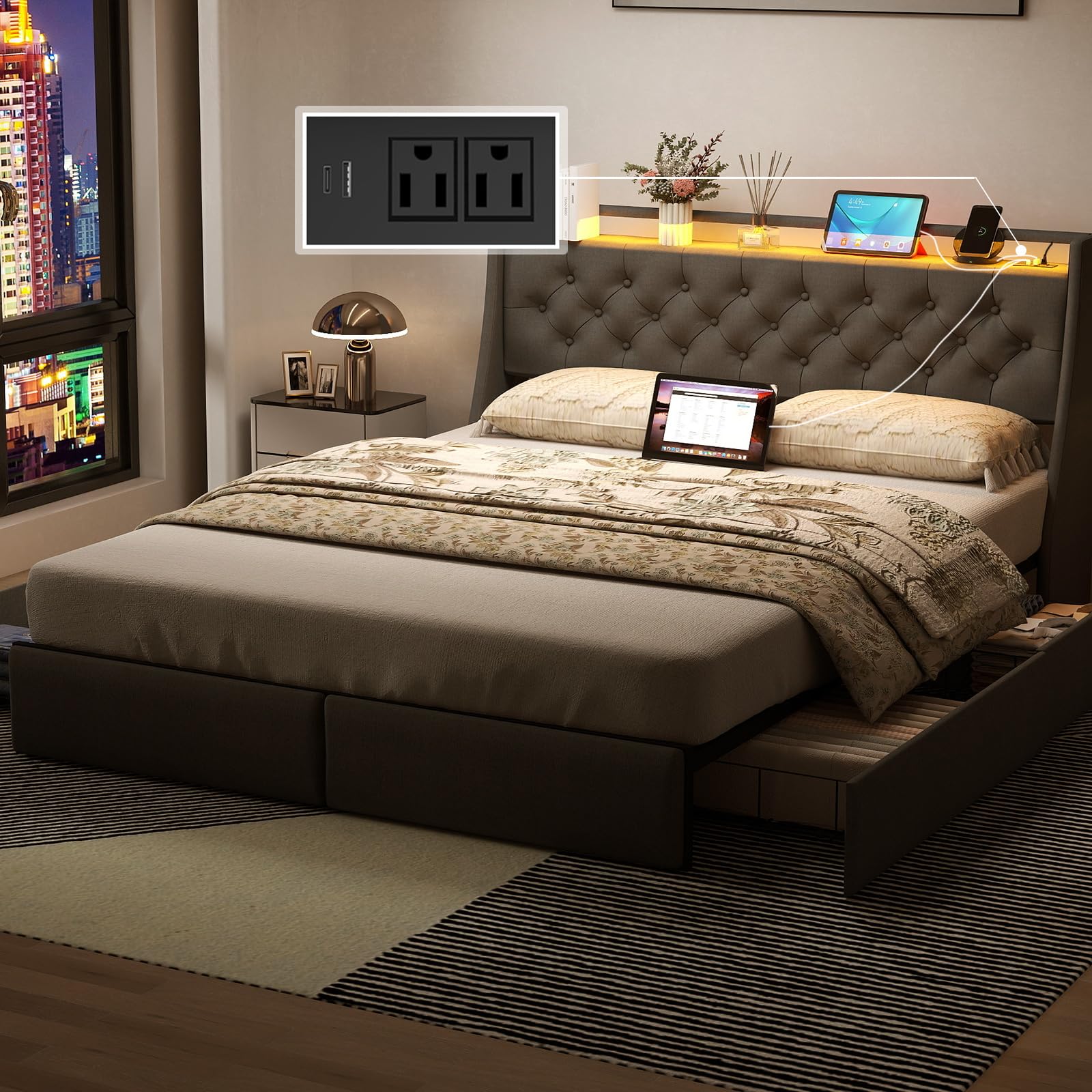 Queen Bed Frame with Headboard and 2 Storage Drawers