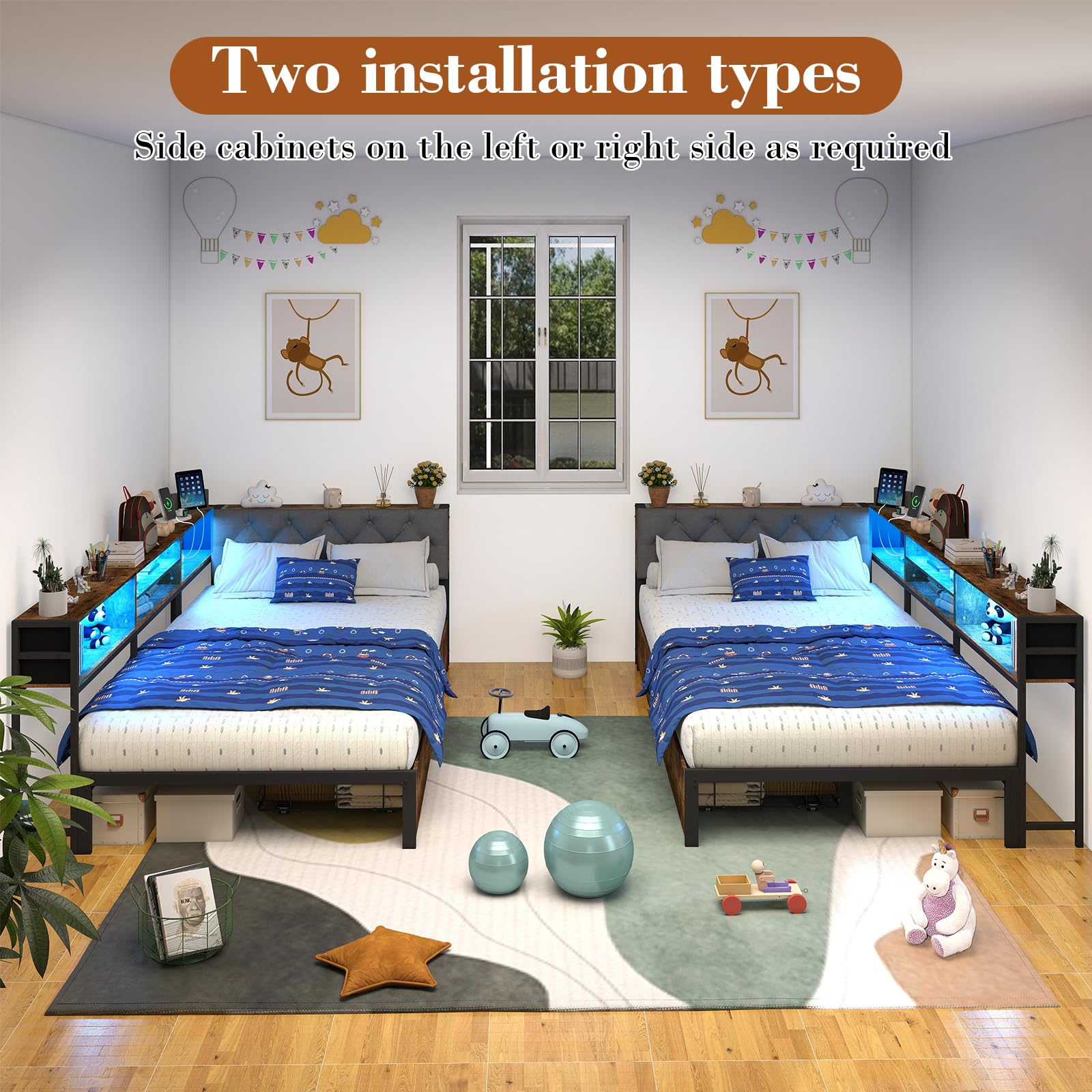 Corner Bed Frame with Storage Bookcase and LED Lights