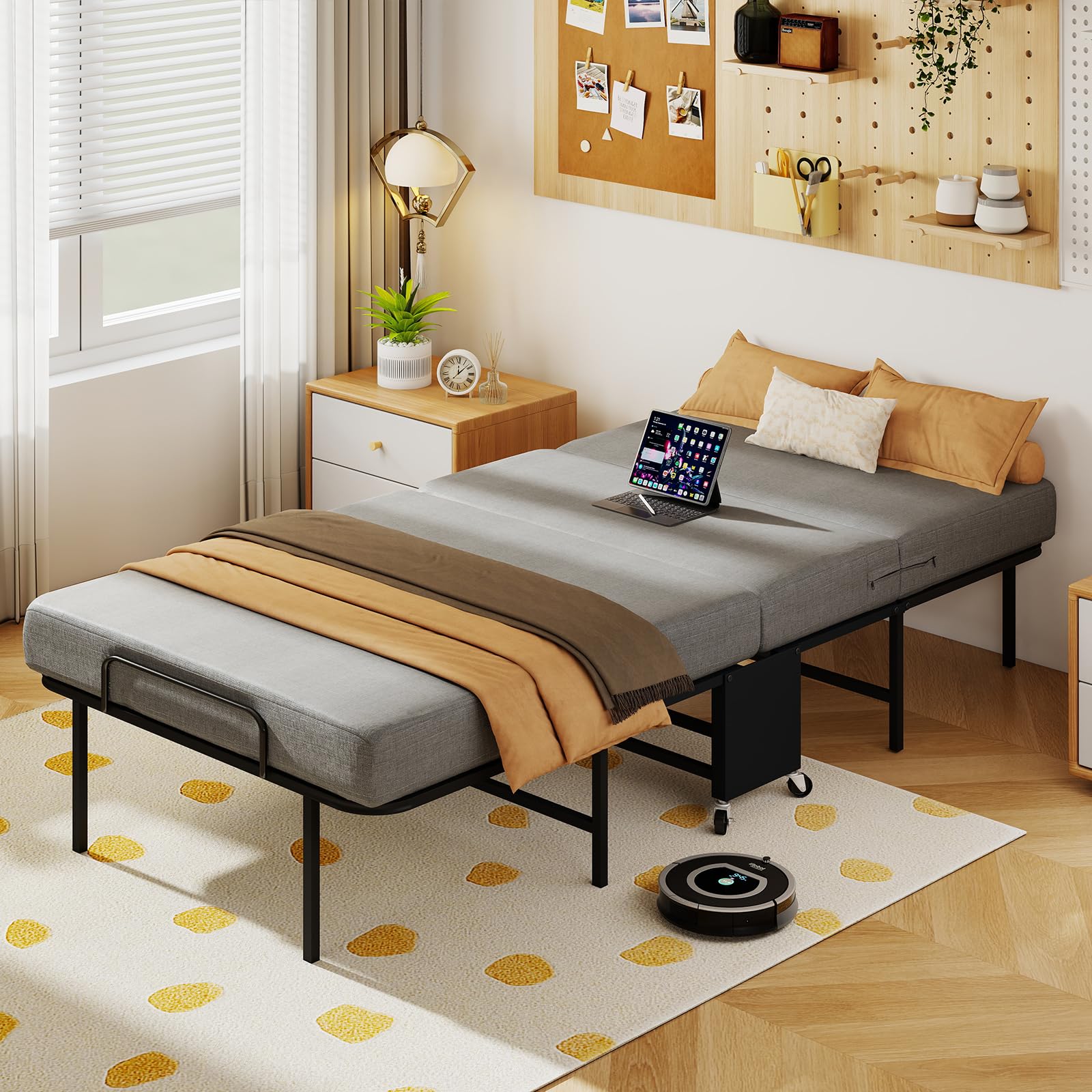 Folding Bed with Mattress for Adults, Portable Foldable Roll Away Bed on Wheels