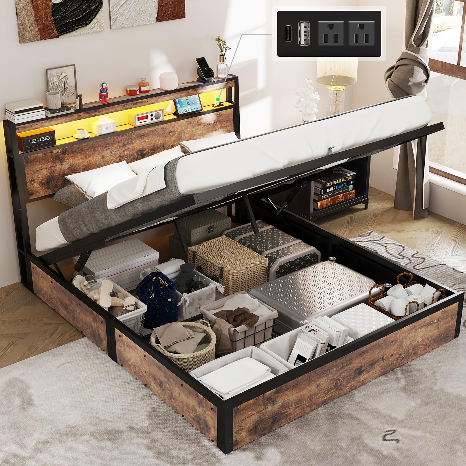 Metal Platform King Bed Frame Wood with 4 Drawers, LED Light, Charging Station, No Box Spring Needed, Noise Free, Easy Assembly, Grey