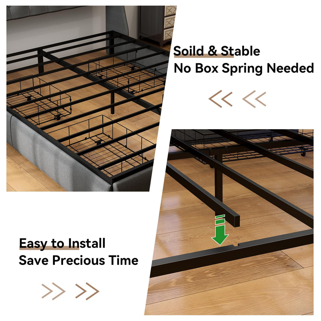 Queen Bed Frame with Storage Headboard and Drawers, Bed Frame Platform with LED Light, Charging Station, No Box Spring Needed, Noise Free, Easy Assembly, Grey