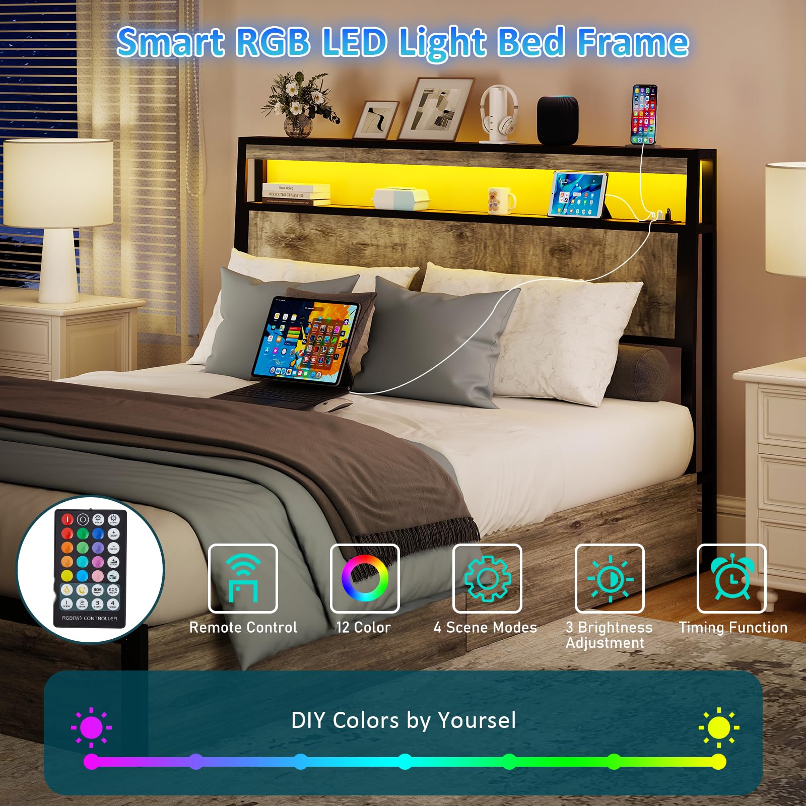 Metal Platform King Bed Frame Wood with 4 Drawers, LED Light, Charging Station, No Box Spring Needed, Noise Free, Easy Assembly, Grey