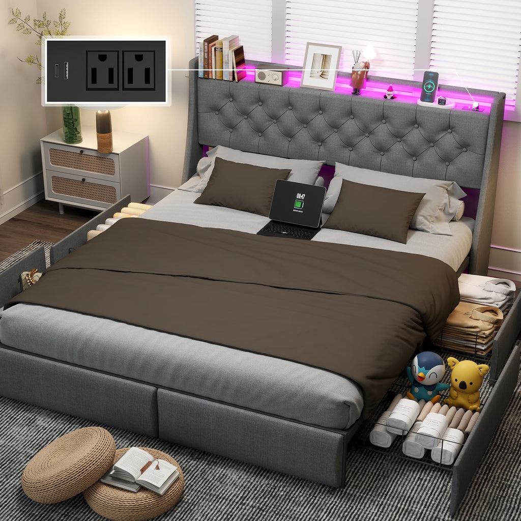 Queen Bed Frame with Headboard and 2 Storage Drawers