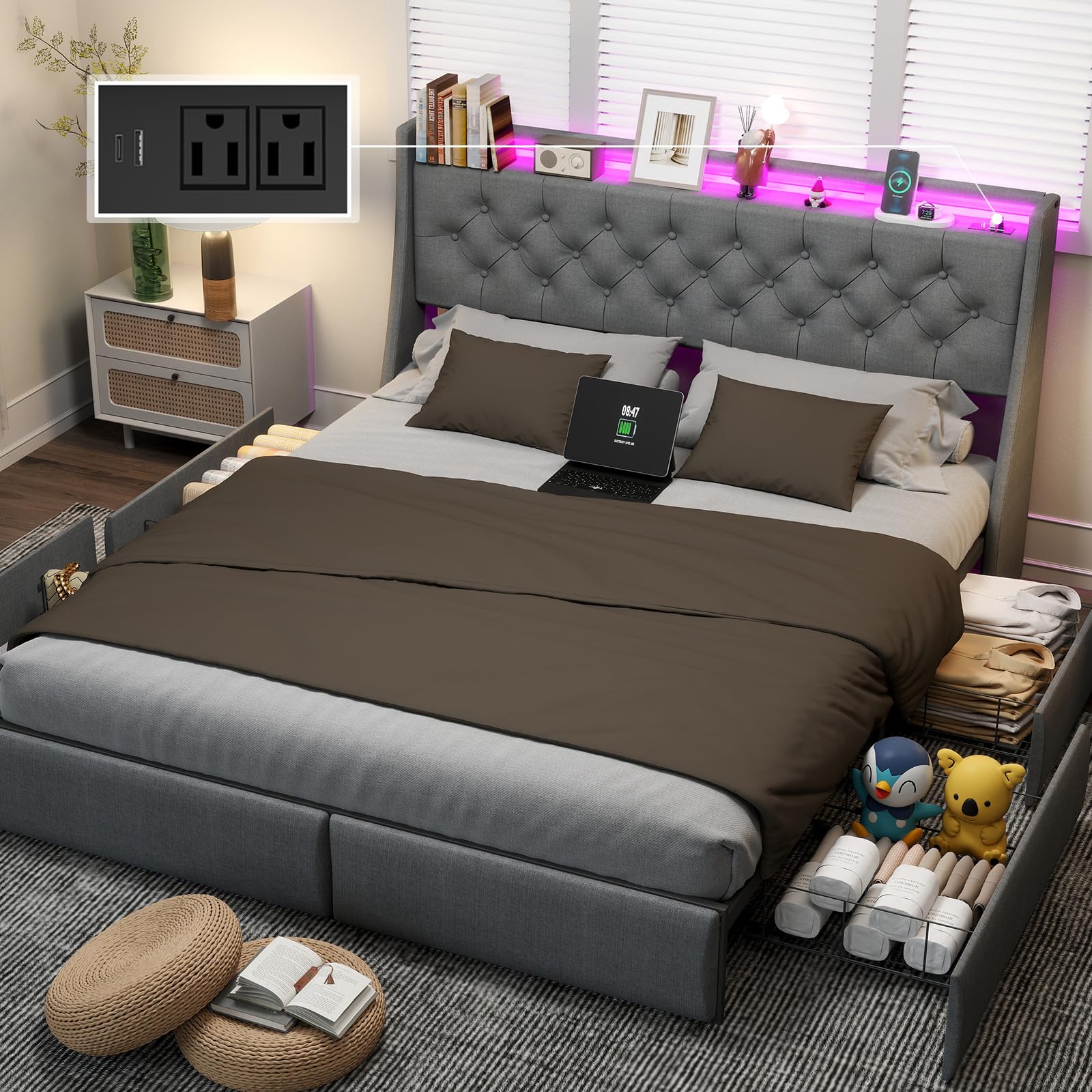 Queen Bed Frame with Headboard and 2 Storage Drawers