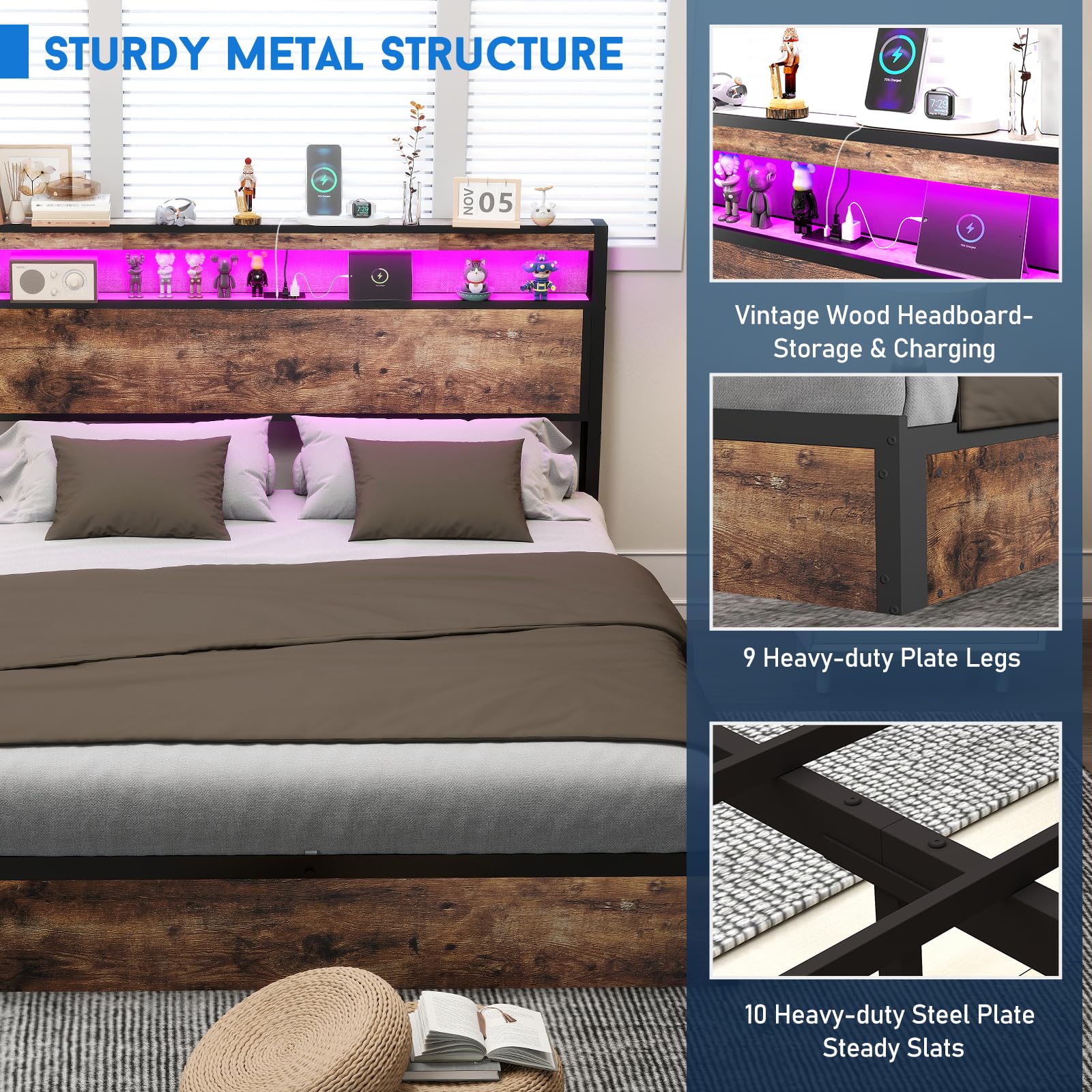Full Size Lift Up Storage Bed Frame with Charging Station