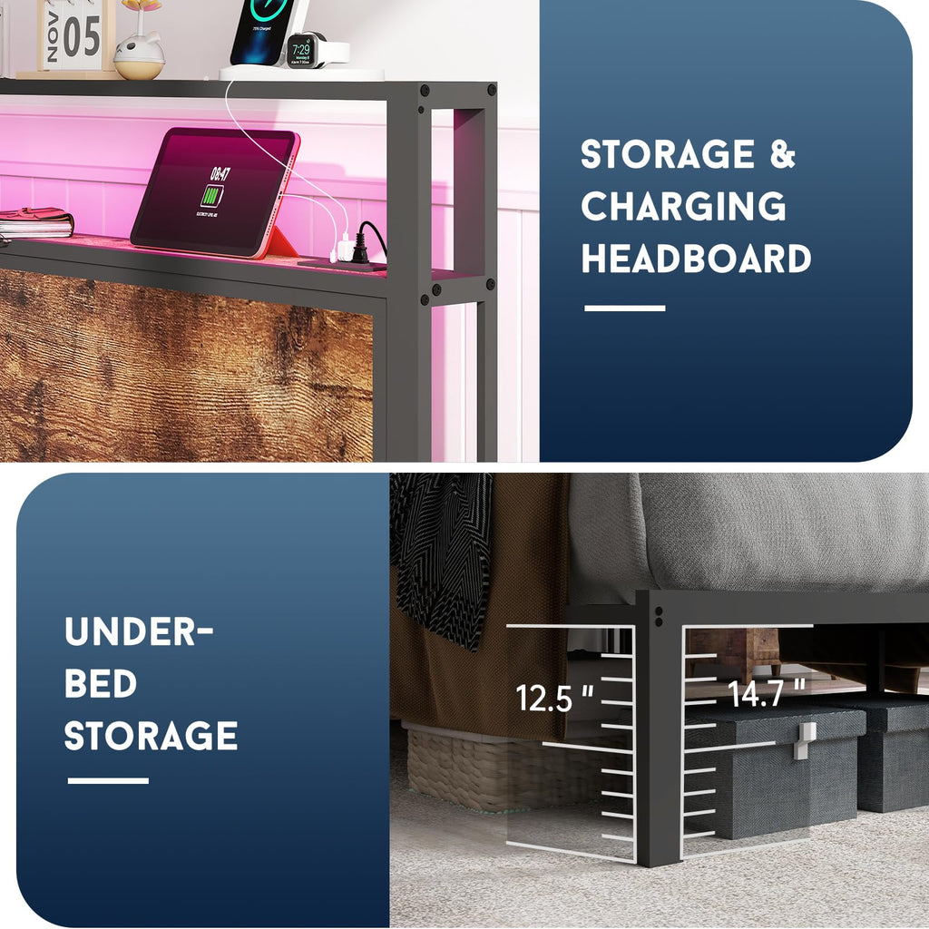 Full Size Lift Up Storage Bed Frame with Charging Station