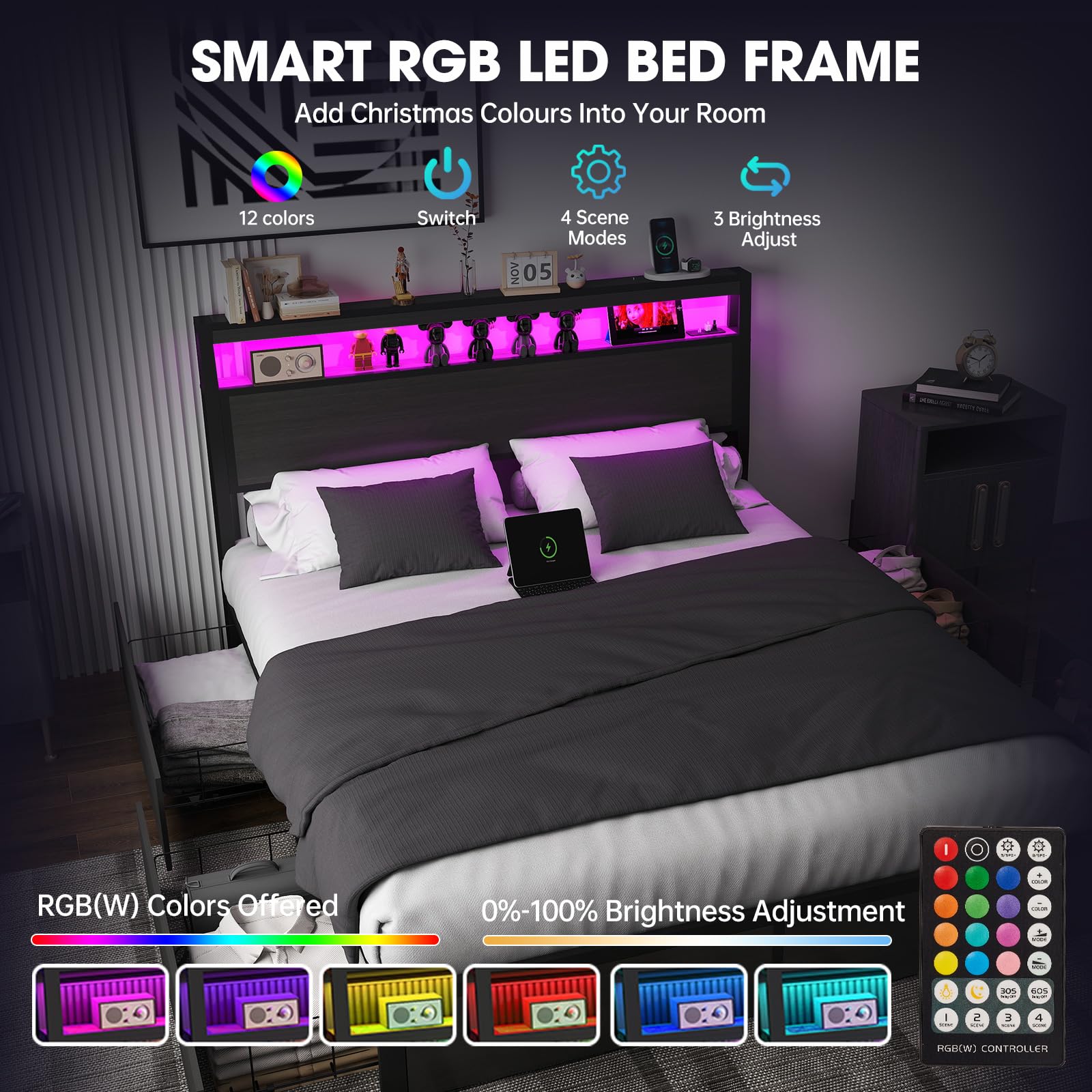 Full Size Lift Up Storage Bed Frame with Charging Station