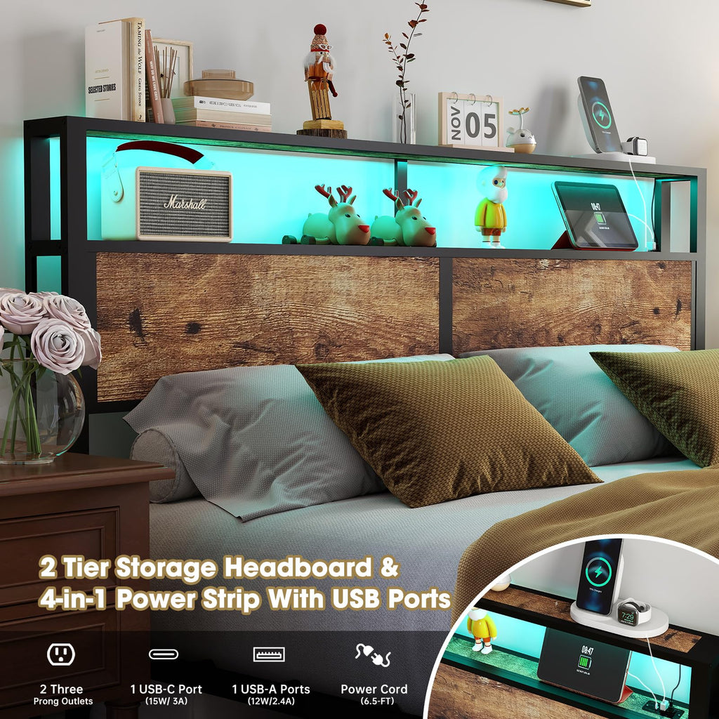 Metal Platform Bed Frame with LED Lights & Charging Station, Under Bed Storage, No Box Spring Needed, Noise Free, Dark Grey