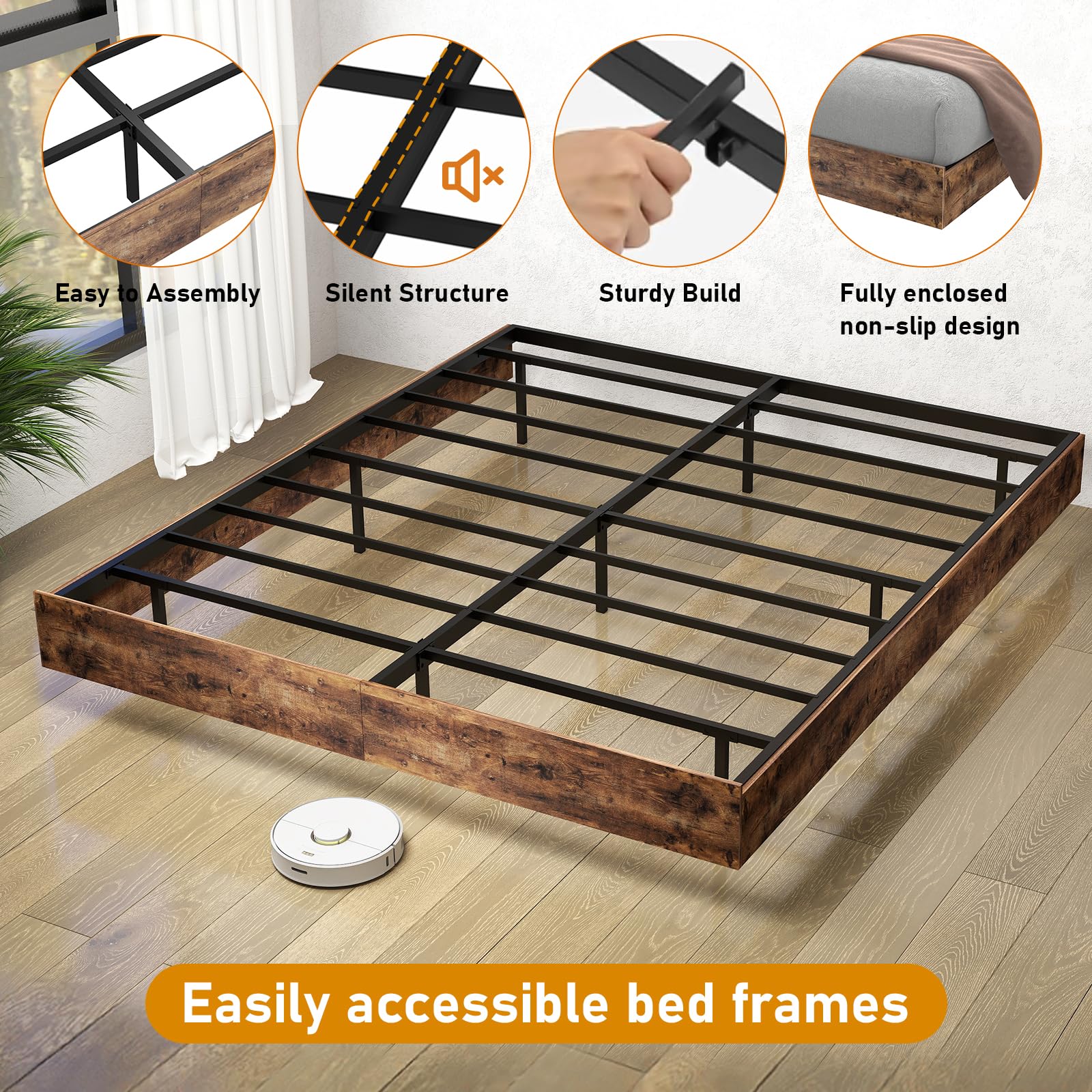 Floating Bed Frame Queen with LED Lights,No Box Spring Needed, Noise Free