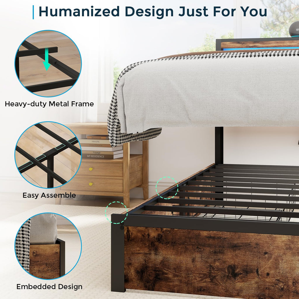 Metal Platform King Bed Frame Wood with 4 Drawers, LED Light, Charging Station, No Box Spring Needed, Noise Free, Easy Assembly, Grey