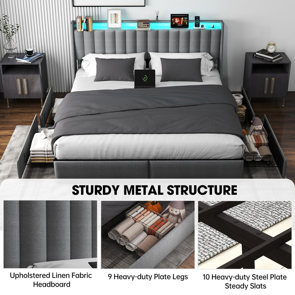 Queen Bed Frame with Headboard and 2 Storage Drawers