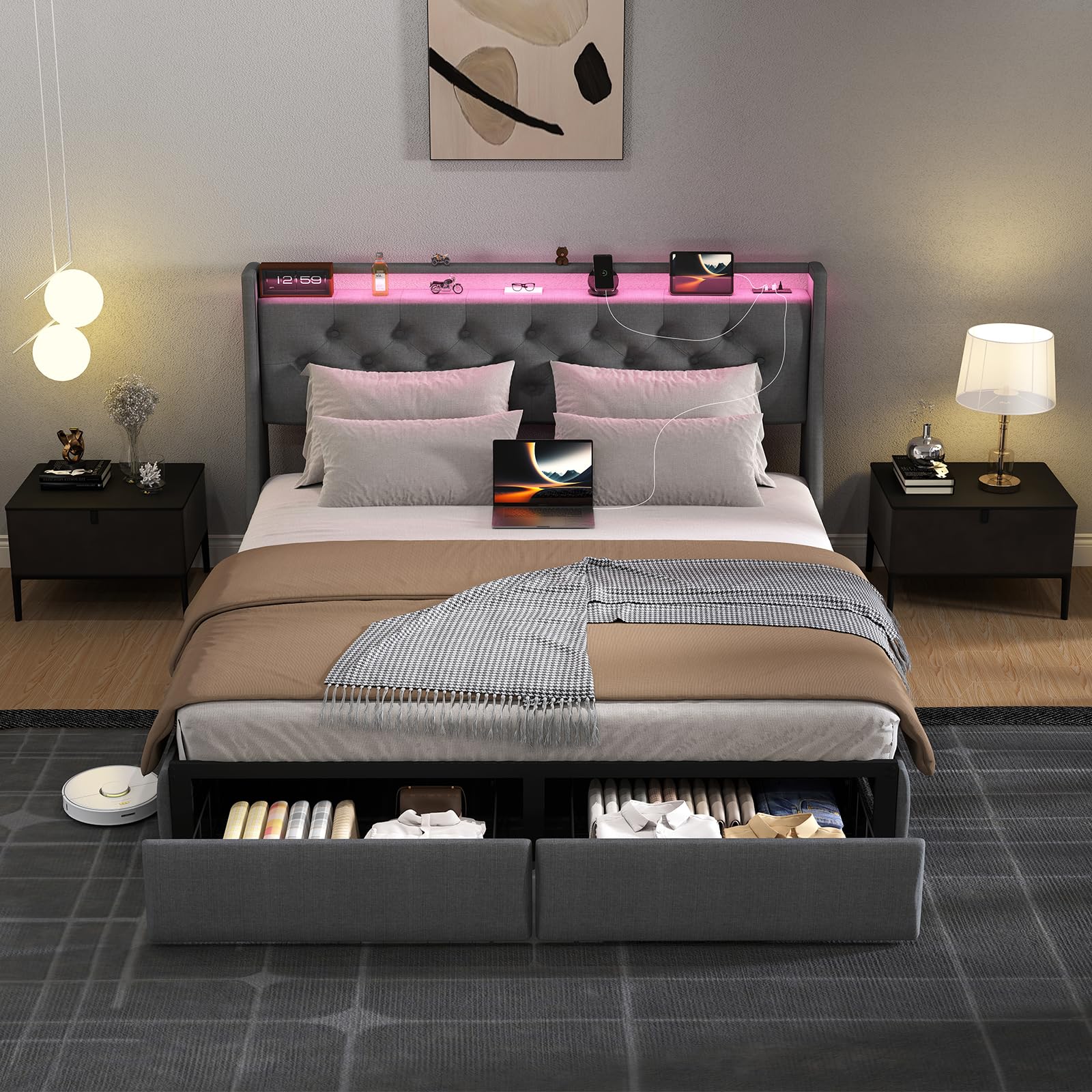 Queen Bed Frame with Storage Headboard and Drawers, Bed Frame Platform with LED Light, Charging Station, No Box Spring Needed, Noise Free, Easy Assembly, Grey