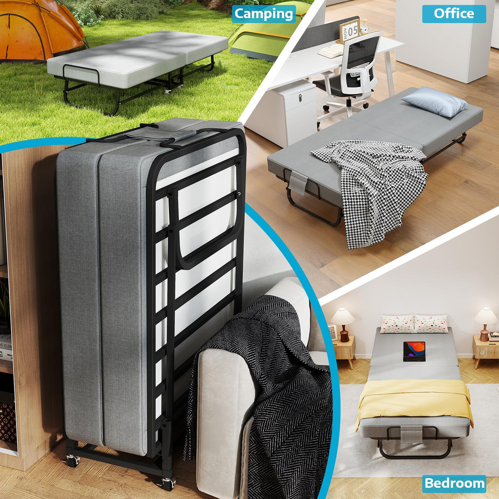 Folding Bed with Mattress for Adults, Portable Foldable Roll Away Bed on Wheels