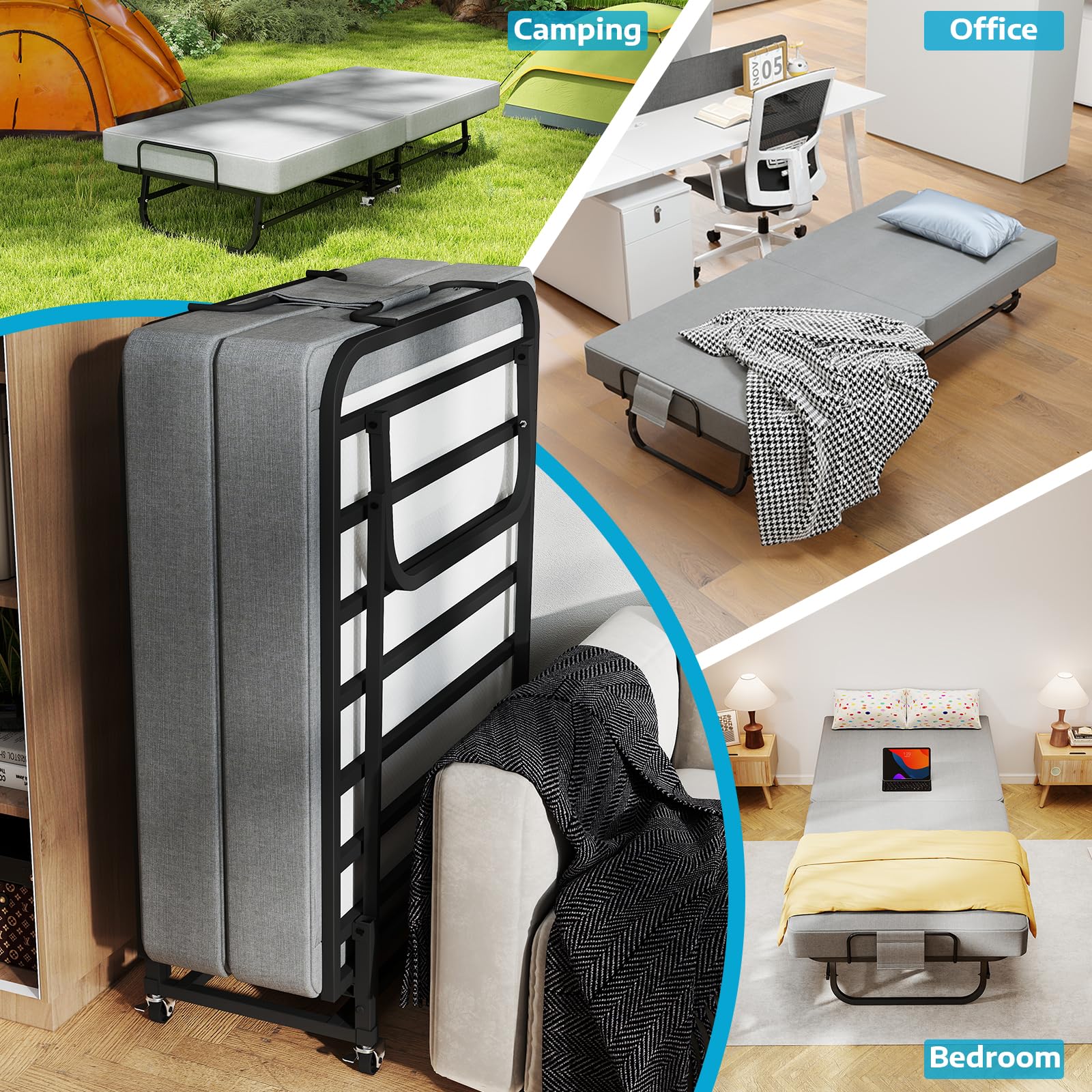 Folding Bed with Mattress for Adults, Portable Foldable Roll Away Bed on Wheels