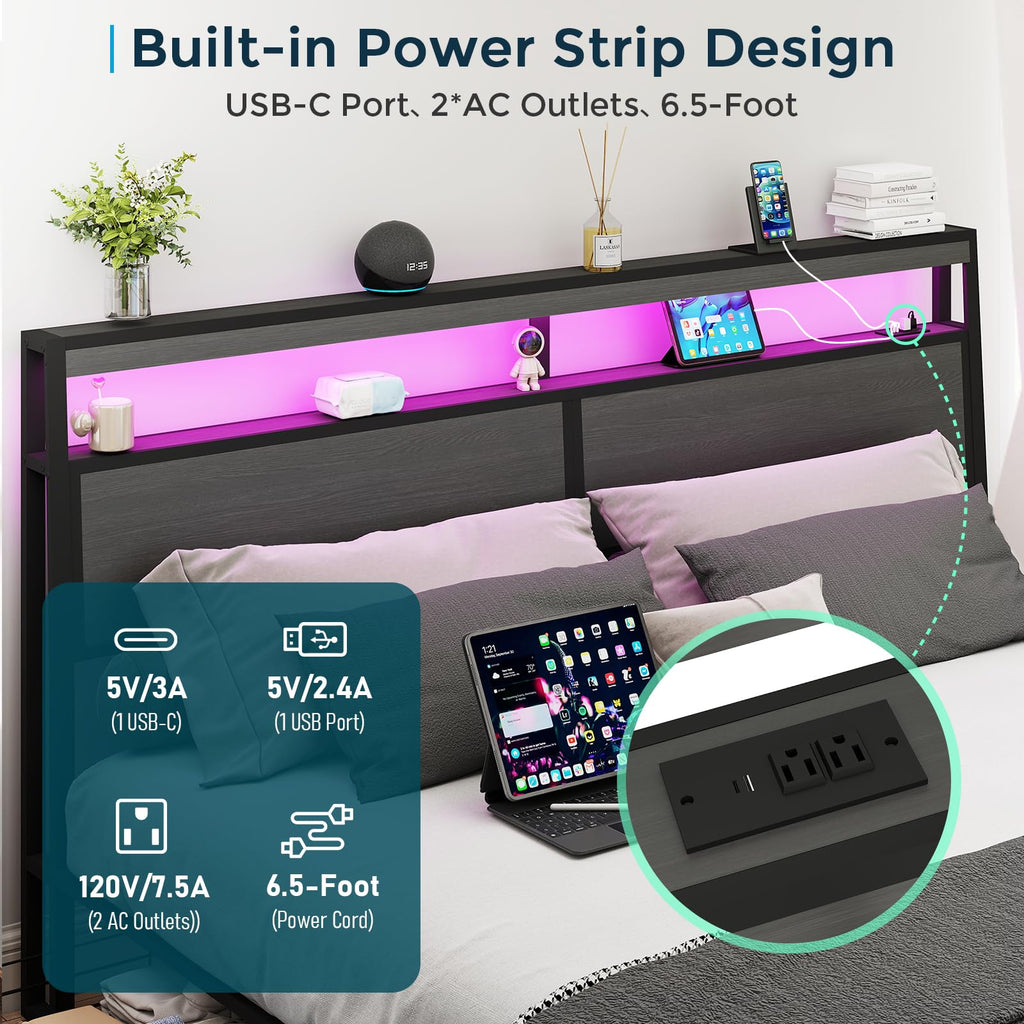 Metal Platform King Bed Frame Wood with 4 Drawers, LED Light, Charging Station, No Box Spring Needed, Noise Free, Easy Assembly, Grey