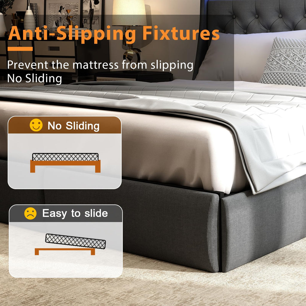 Queen Bed Frame with Storage Headboard and Drawers, Bed Frame Platform with LED Light, Charging Station, No Box Spring Needed, Noise Free, Easy Assembly, Grey