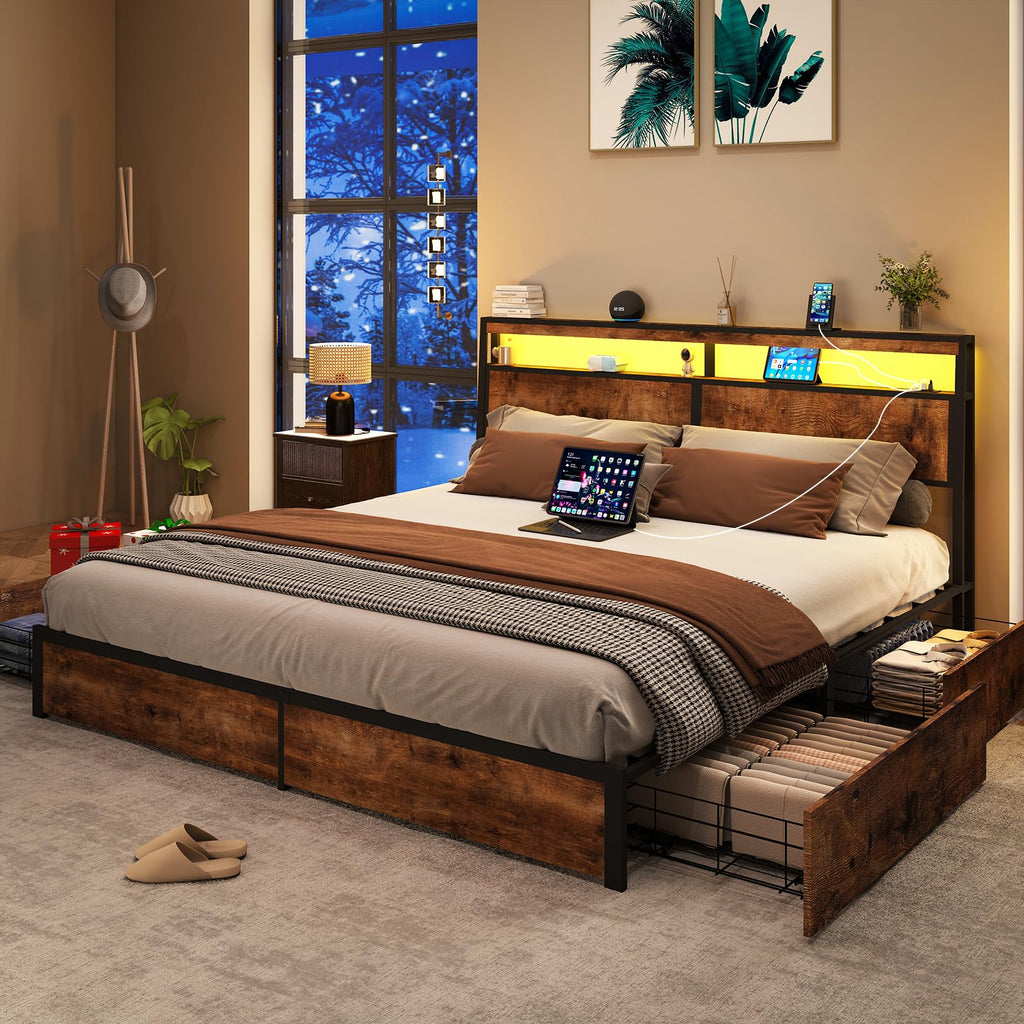 Metal Platform King Bed Frame Wood with 4 Drawers, LED Light, Charging Station, No Box Spring Needed, Noise Free, Easy Assembly, Grey