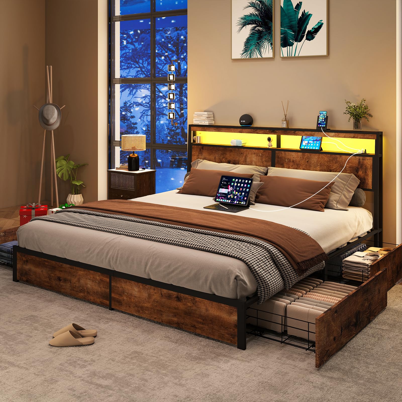 Metal Platform King Bed Frame Wood with 4 Drawers, LED Light, Charging Station, No Box Spring Needed, Noise Free, Easy Assembly, Grey