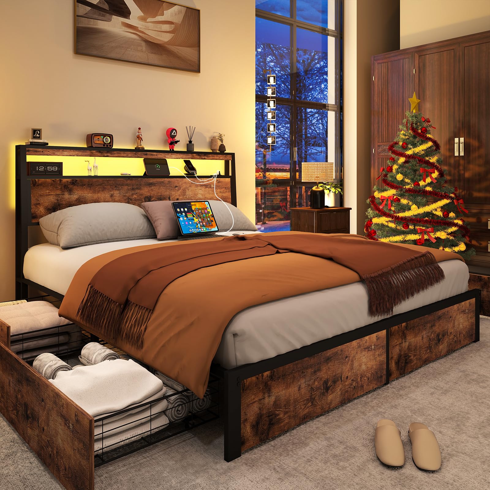 Metal Platform King Bed Frame Wood with 4 Drawers, LED Light, Charging Station, No Box Spring Needed, Noise Free, Easy Assembly, Grey