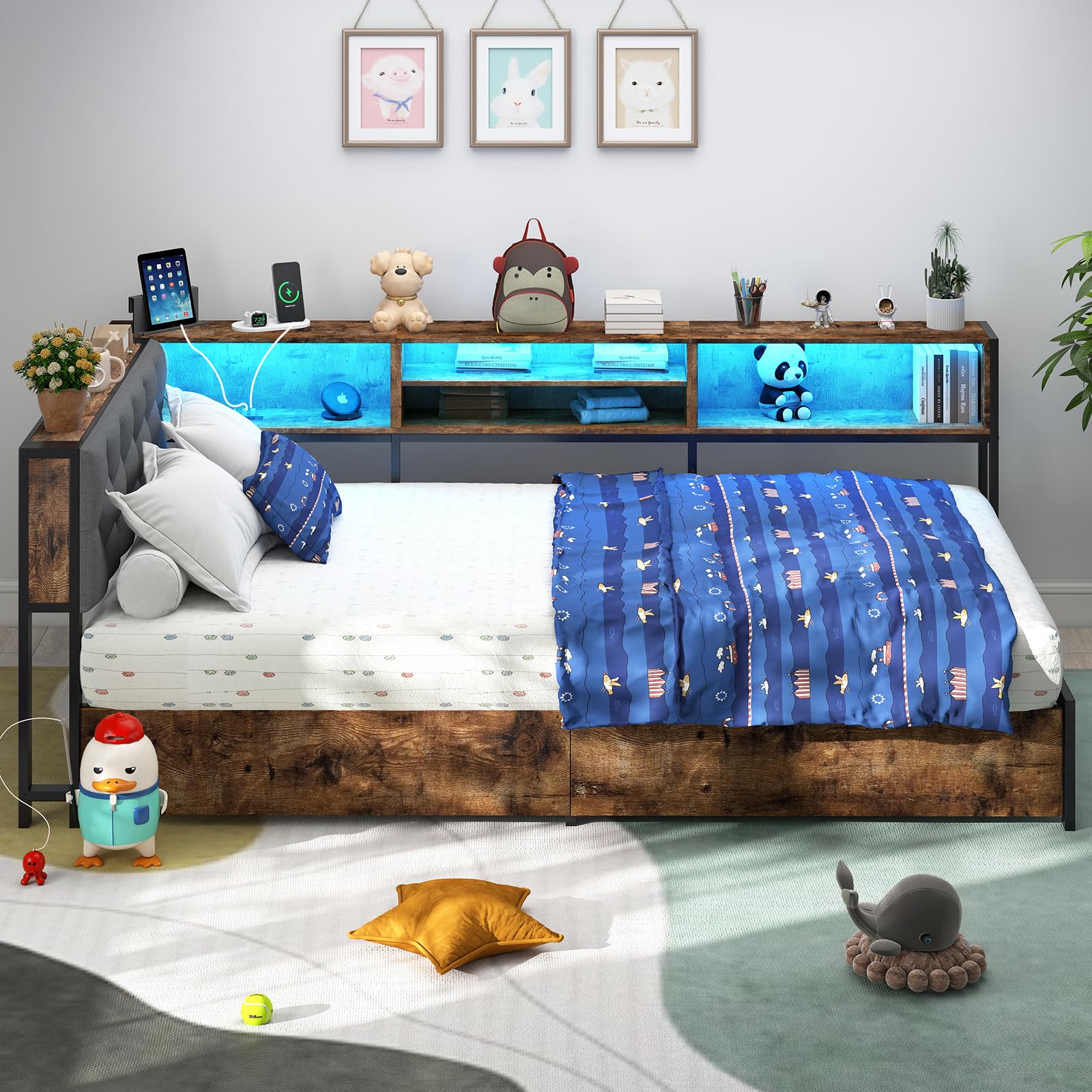 Corner Bed Frame with Storage Bookcase and LED Lights